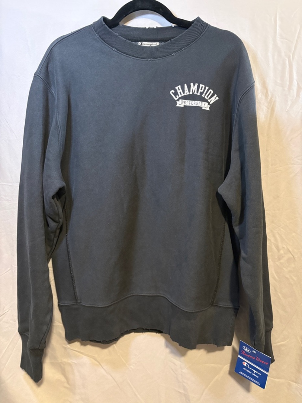 Champion University Reverse Weave Distressed Men's Charcoal Crewneck Sweatshirt